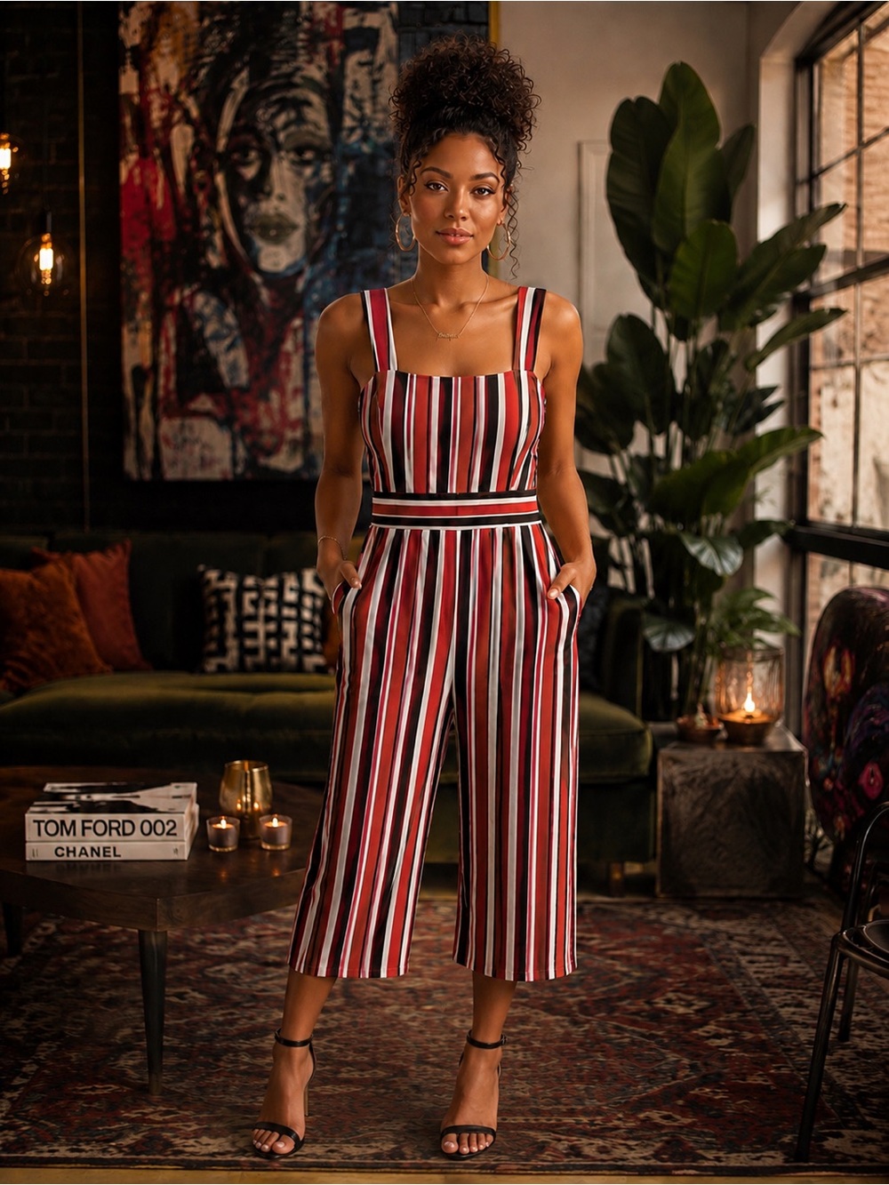 Express Striped Square-Neck Jumpsuit in Burgundy, Black, White